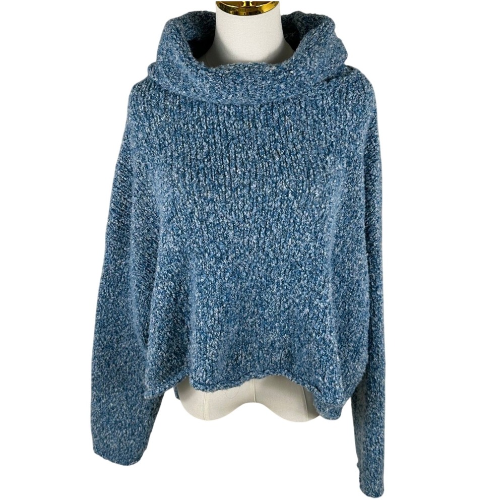 Free People BFF Sweater Womens‎ M Blue Marled Boucle Cowl Neck Chunky Cabincore